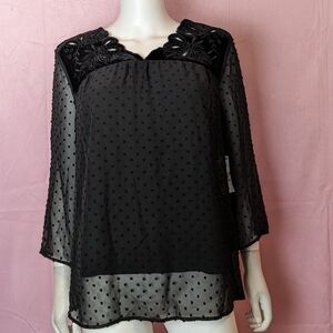Style & Co Black Velvet and Swiss Dot Lined Blouse size Small